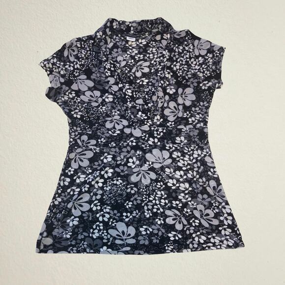 Black floral mesh v neck shirt, whimsigoth boho chic alternative office siren - Picture 1 of 6